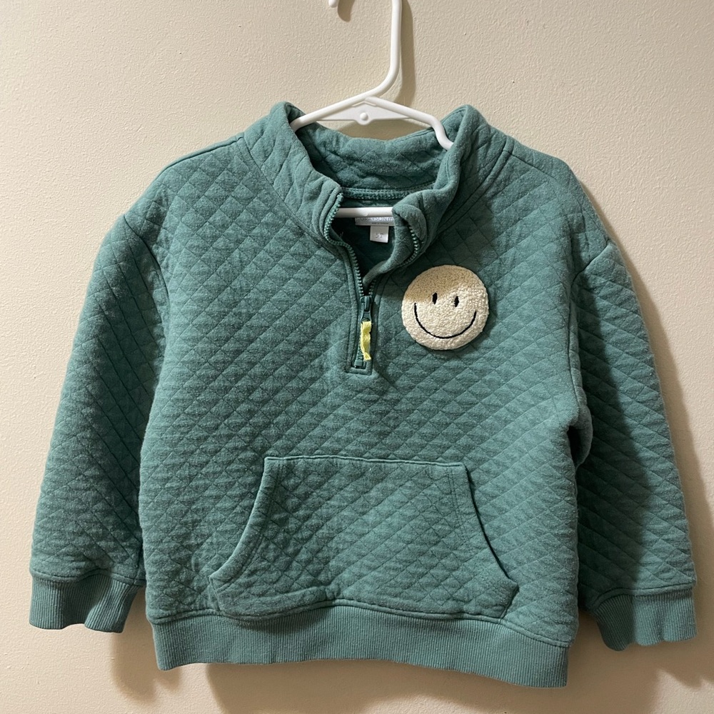 GRAYSON MINI Green Quilted Zip Jacket 5T Kangaroo Pocket Smiley‎ Face Patch